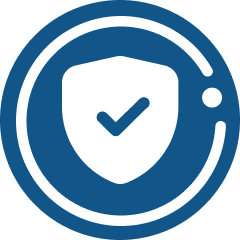 safety icon with a checkmark in a shield on a blue background