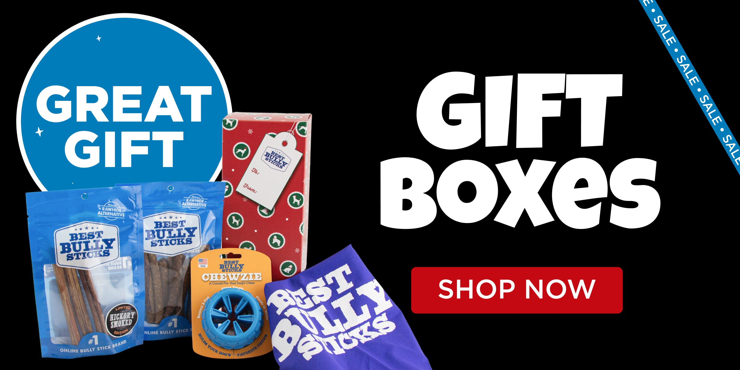 Promotional banner for gift boxes with various products and 'Shop Now' button.