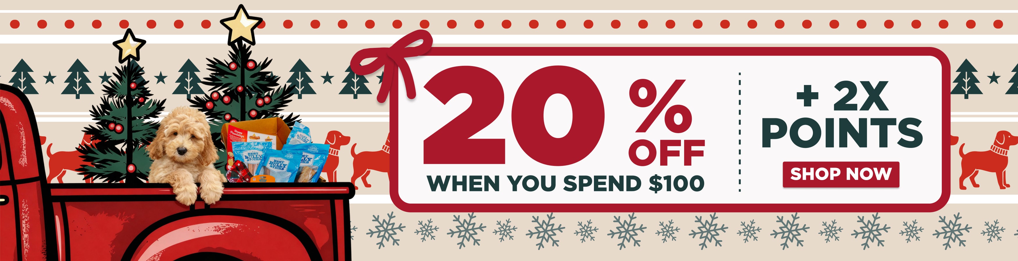 Promotional banner with 20% off and 2x points offer, featuring a dog and Christmas decorations.