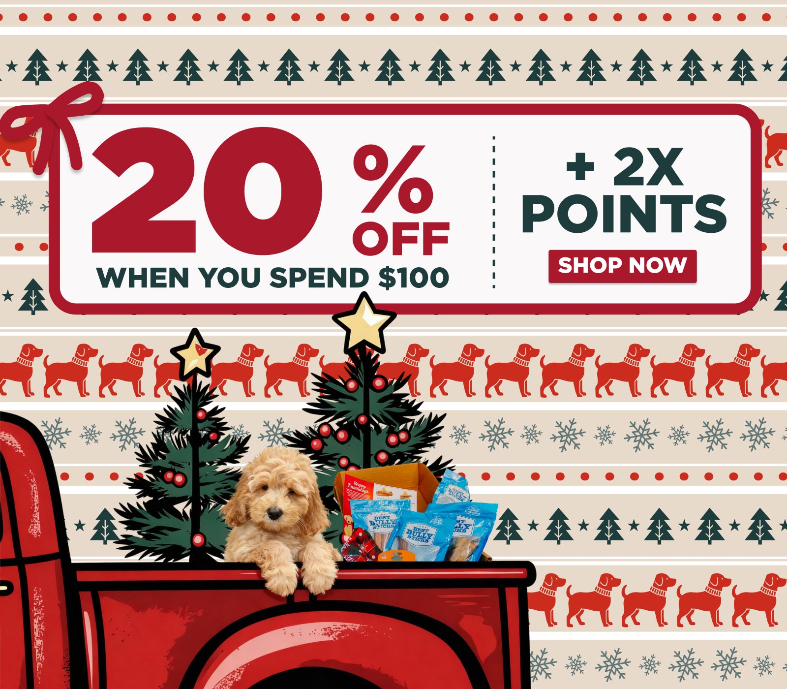 Promotional banner with 20% off and 2x points offer, featuring a dog and Christmas decorations.
