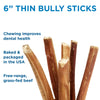 Promotional image of five Best Bully Sticks 6-inch thin bully sticks for dogs, highlighting their benefits for dental health, highly digestible quality, and grass-fed beef origin.