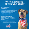 A dog wearing a bandana with the words &quot;why is Best Bully Sticks baking in the USA&quot; is best.