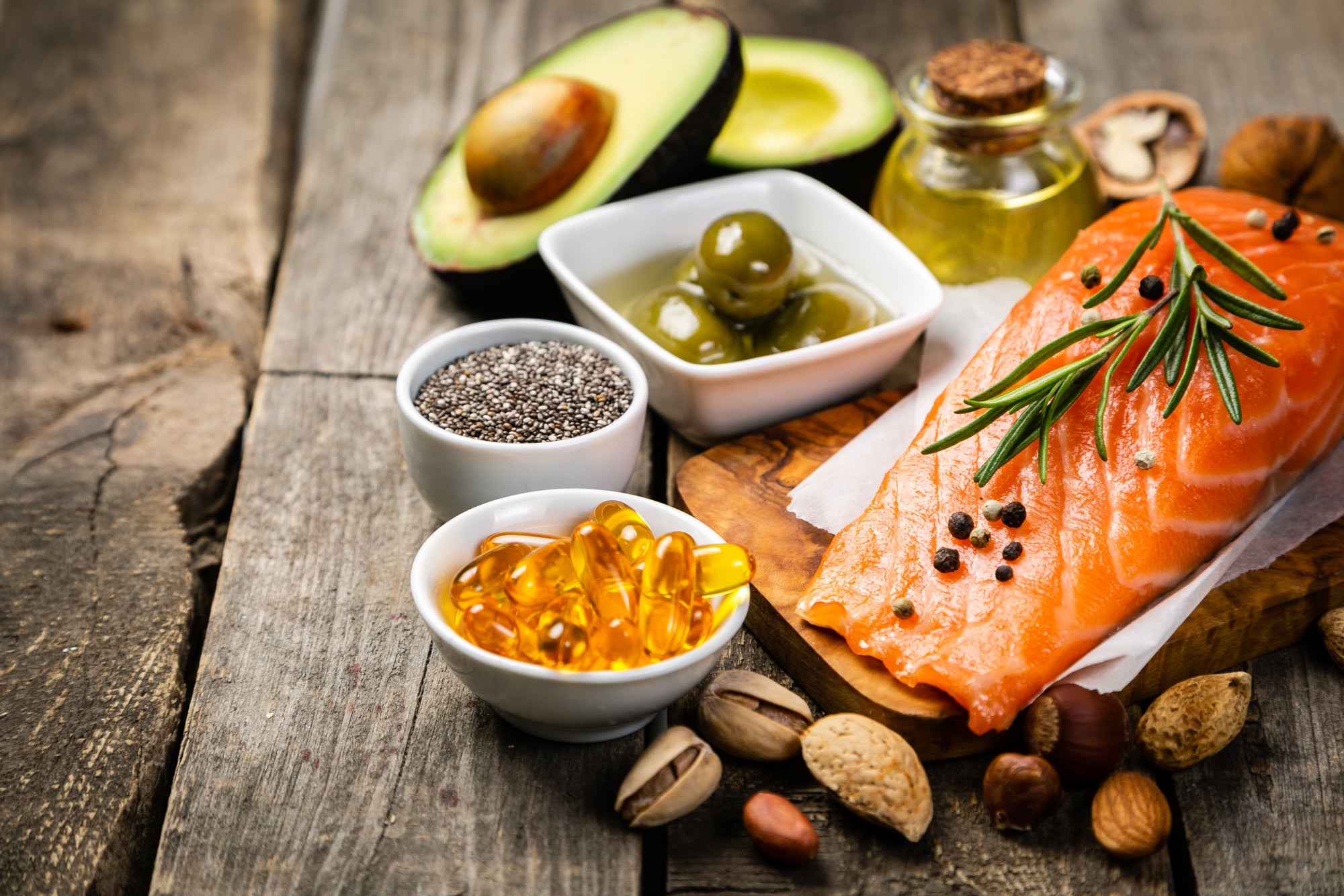 avocado salmon and other omega 3 foods on a picnic table