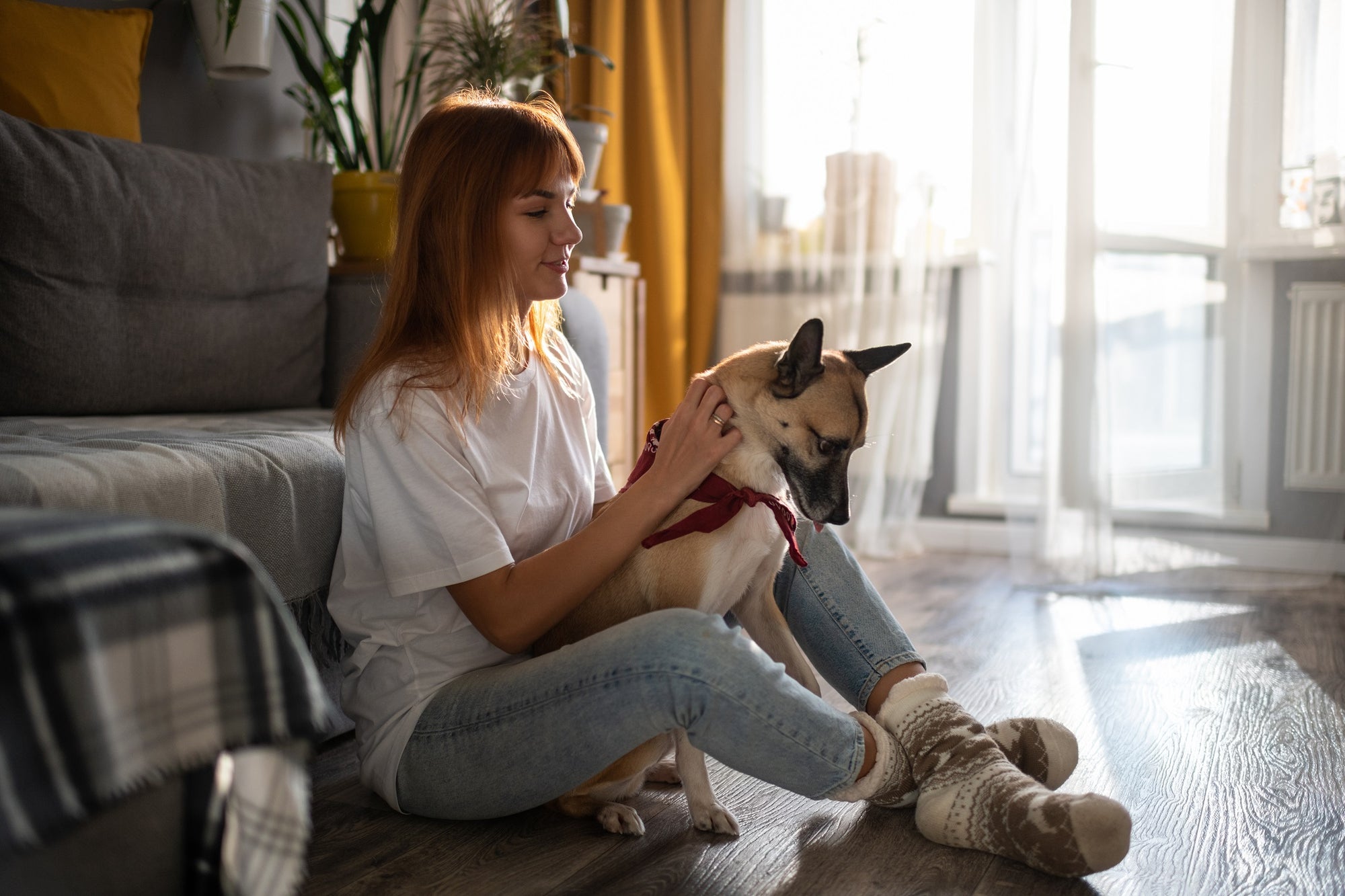 woman sitting on family room floor with dog on her lap