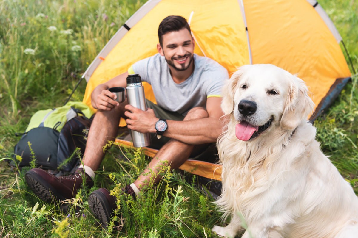 man and dog camping