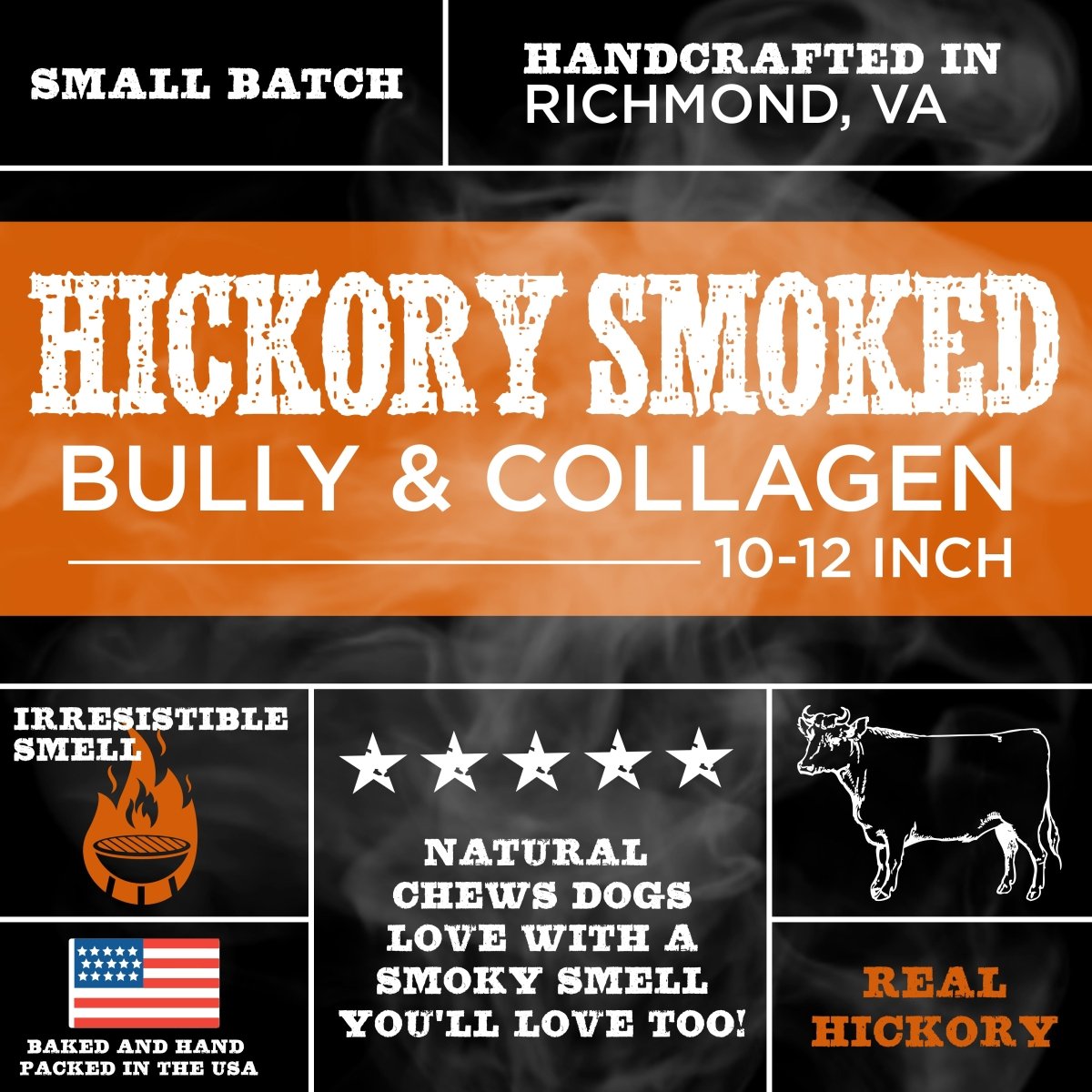 hickory smoked bully and collagen chews with text and graphics on a dark background.