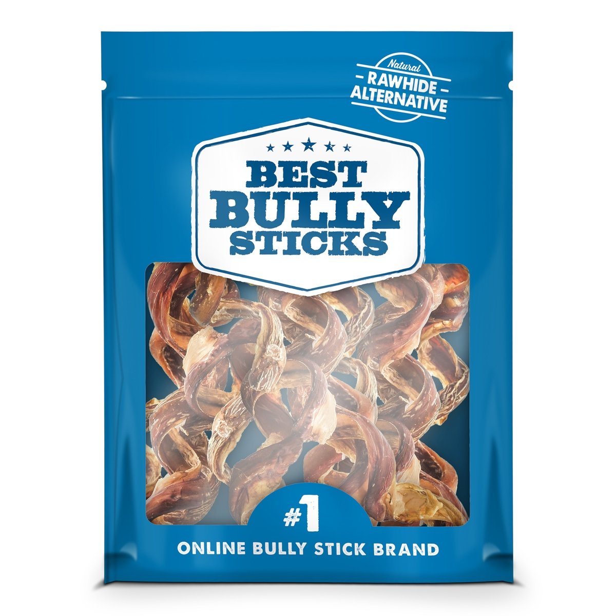 A blue Best Bully Sticks bag shows 10-Inch Curly Bully Stick chews through a clear window, highlighting them as natural dog chews that support dental health and noting the brand is the #1 online bully stick provider.