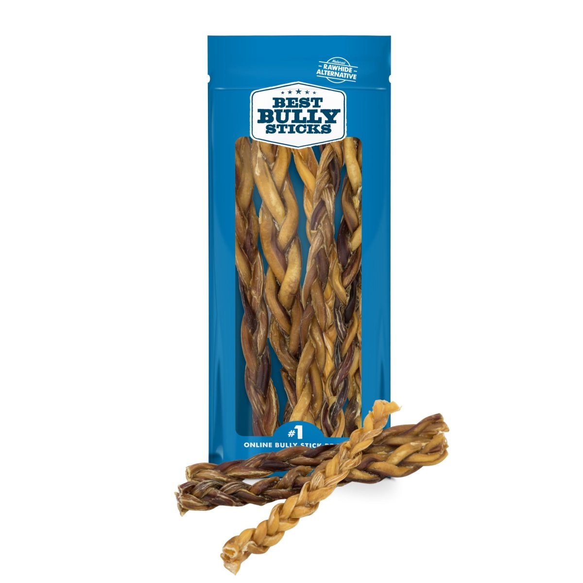 A blue &quot;Best Bully Sticks&quot; package contains several all-natural 12-Inch Braided Bully Sticks, with two braided chews displayed in front.