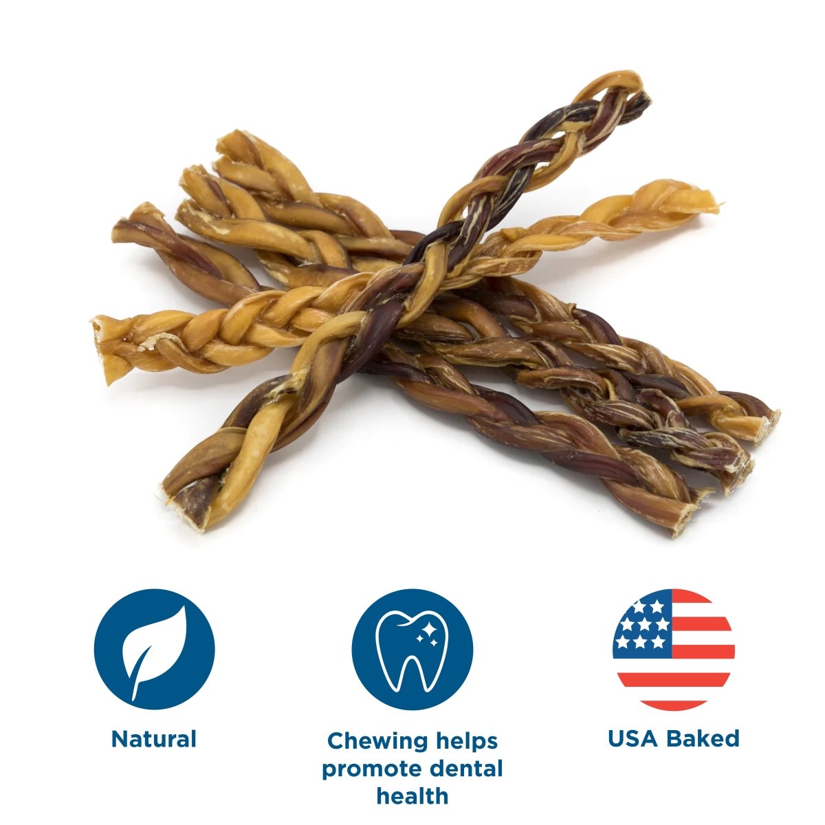 A pile of Best Bully Sticks 12-Inch Braided Bully Sticks with three icons below showing natural ingredients, dental health benefits, and USA baked.