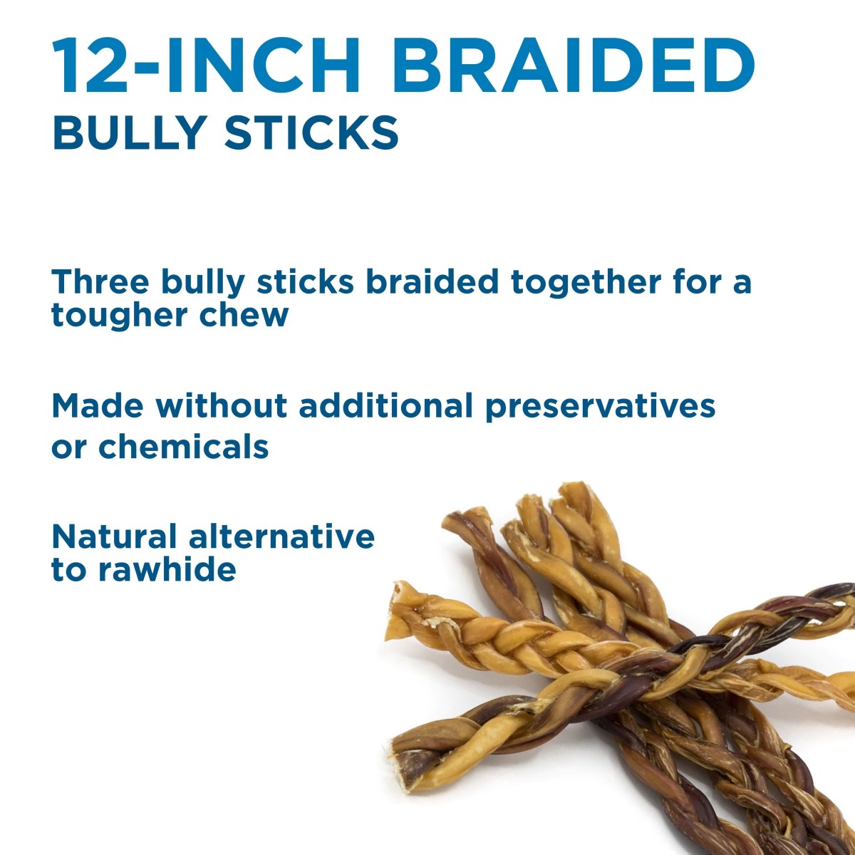 Three Best Bully Sticks 12-Inch Braided Bully Sticks are shown, featuring a tough chew, no additives, and single-ingredient formula—a natural rawhide alternative for dogs.