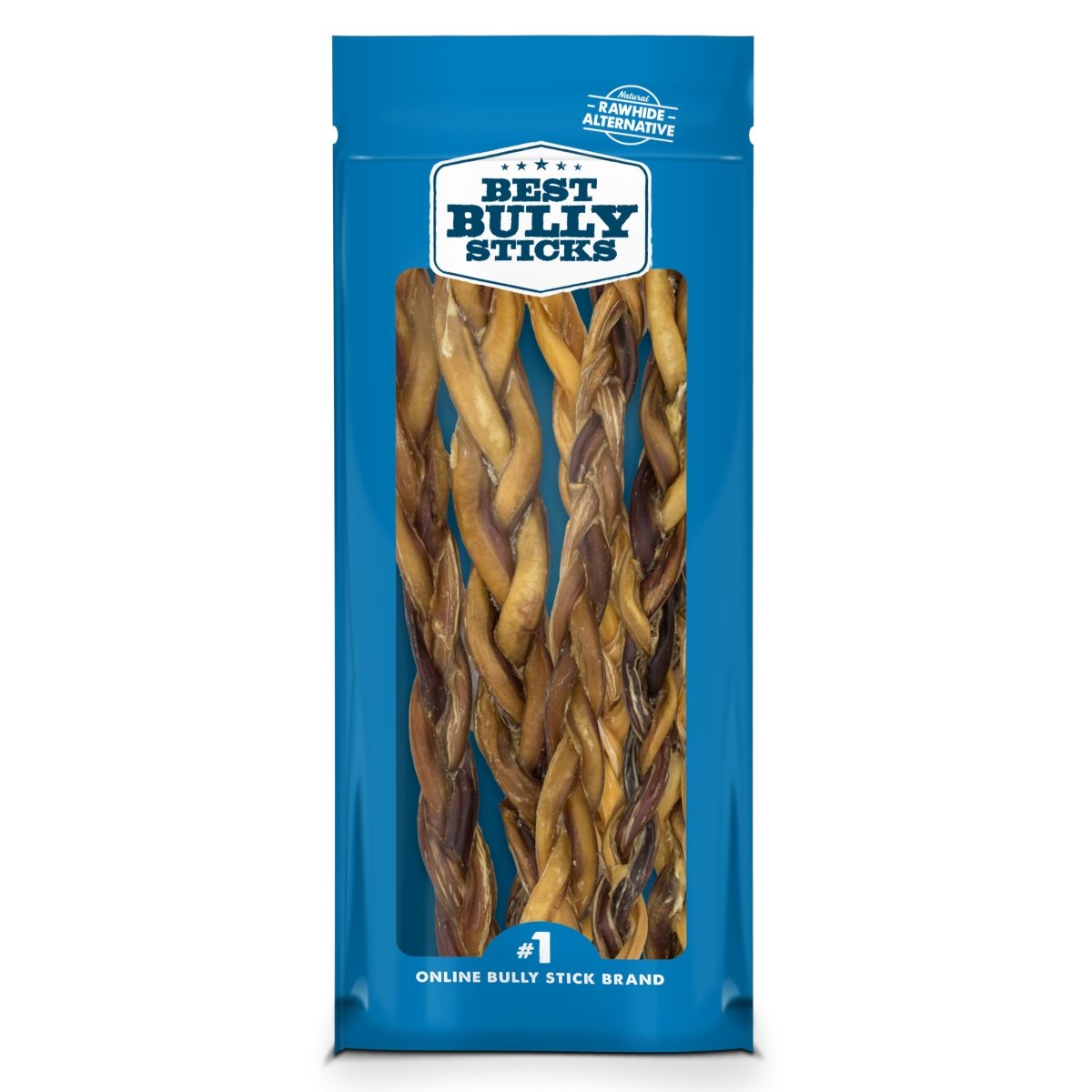 A blue package of &quot;Best Bully Sticks&quot; features the 12-Inch Braided Bully Stick, twisted brown dog chews ideal for aggressive chewers. Made from natural beef, these treats are delicious and long-lasting.