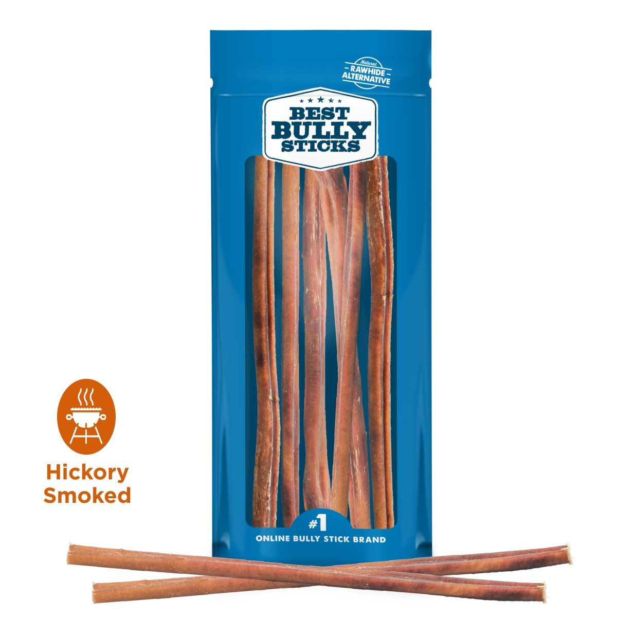 A blue resealable Best Bully Sticks bag holds 12-Inch Hickory Smoked Bully Sticks, with two in front. &quot;Hickory Smoked&quot; and a grill icon highlight these all-natural ingredient dog chew treats.