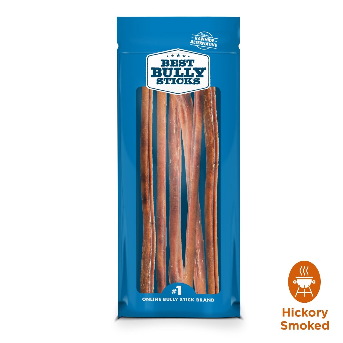 A blue resealable bag labeled &quot;Best Bully Sticks&quot; holds several 12-Inch Hickory Smoked Bully Sticks. These single ingredient dog treats, marked with a &quot;Hickory Smoked&quot; icon, are perfect for keeping pups satisfied.