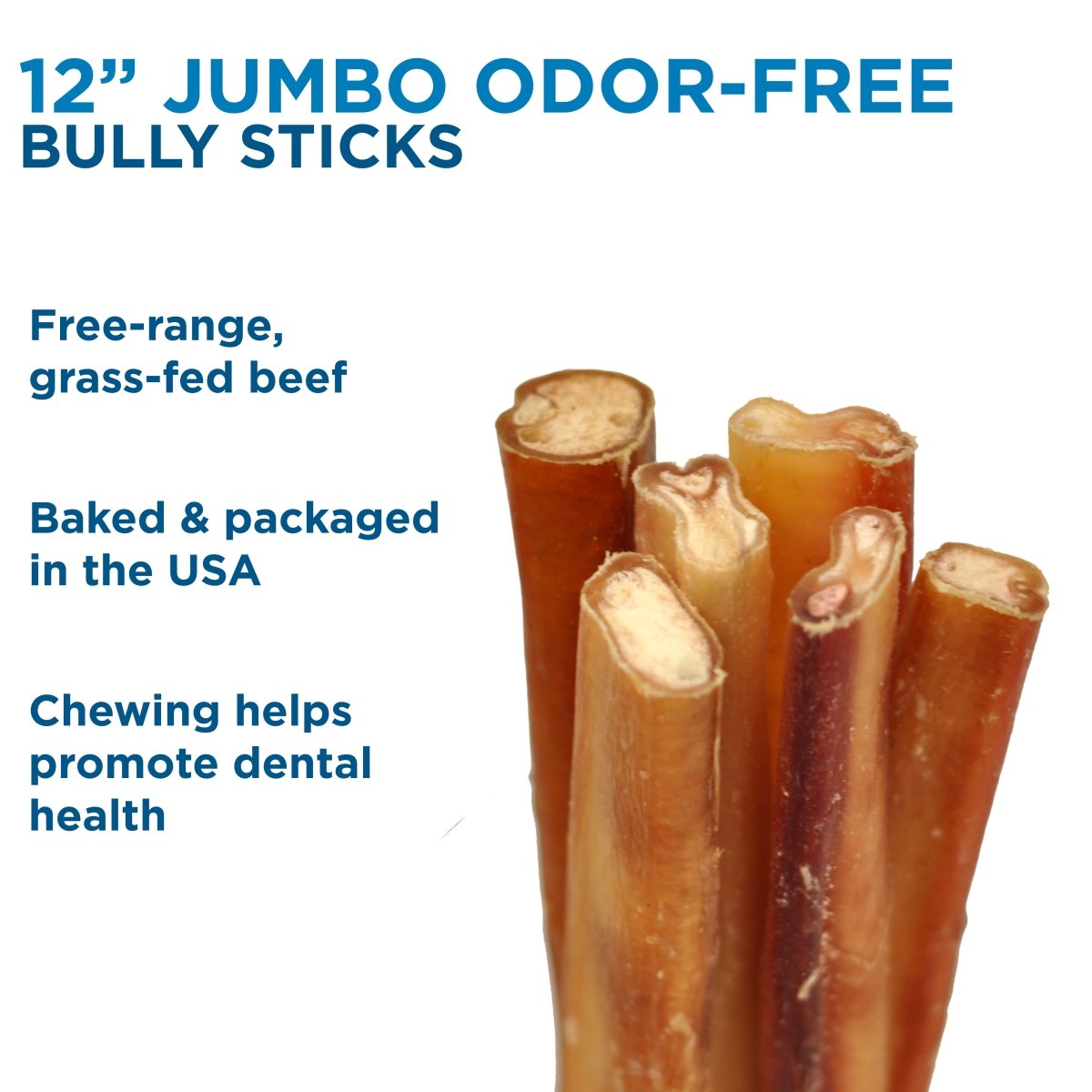 Best Bully Sticks 12-Inch Jumbo Odor-Free Bully Stick is shown upright, made from free-range, grass-fed beef for long-lasting chews perfect for aggressive dogs and helps to promote dental health.