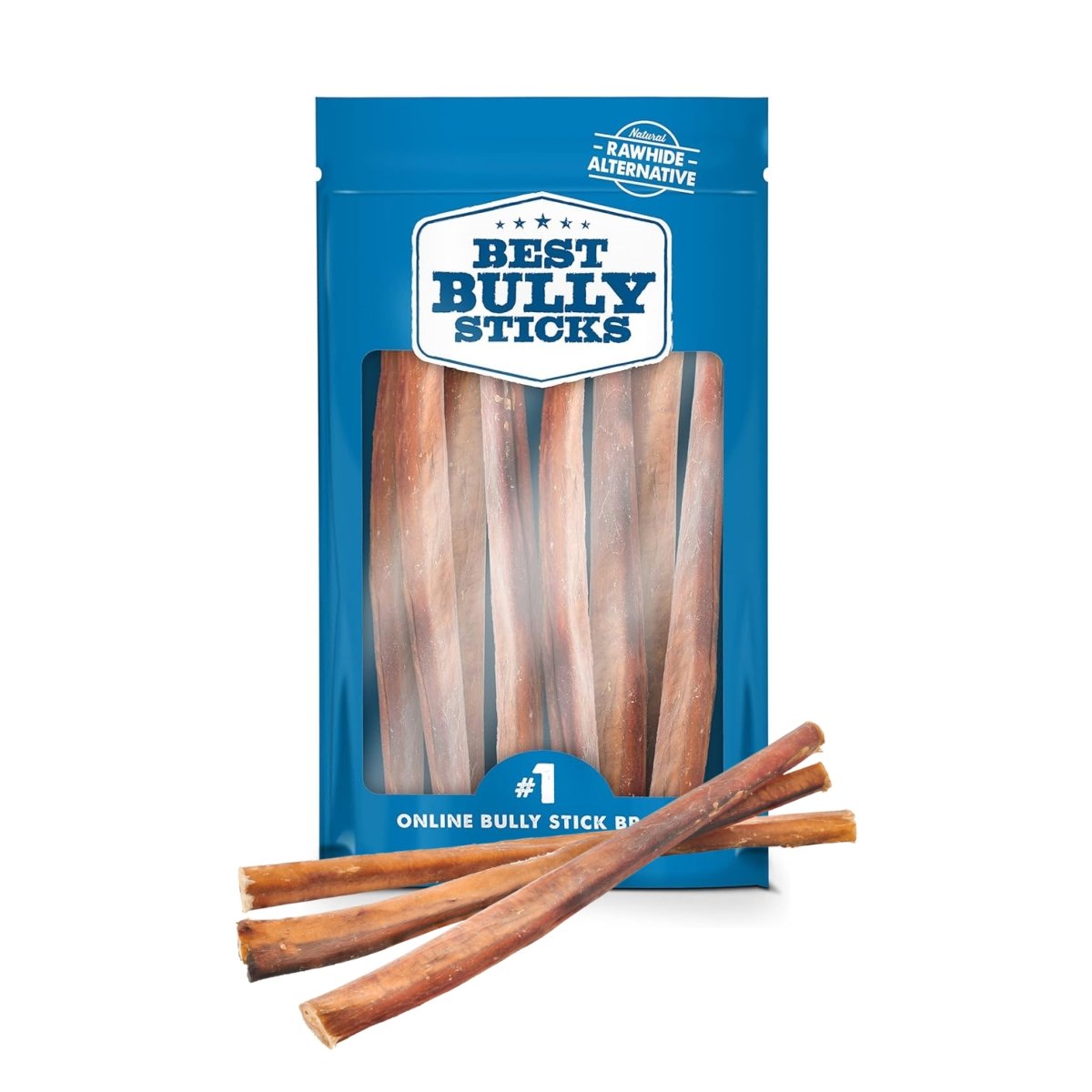 A blue &quot;Best Bully Sticks&quot; package contains several 12-Inch Jumbo Odor-Free Bully Sticks, with three fully-digestible dog treats displayed in front.