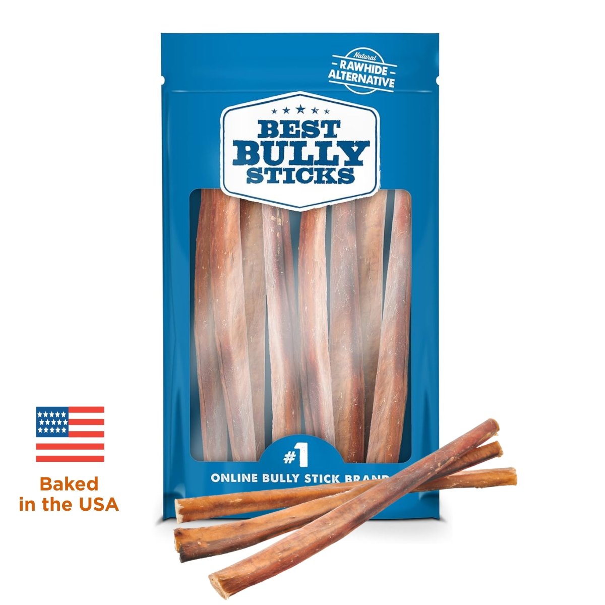 A blue Best Bully Sticks bag contains several 12-Inch Jumbo USA-Baked Odor-Free Bully Sticks, with three sticks shown in front—ideal for enthusiastic chewers. An American flag icon and &quot;Baked in the USA&quot; appear on the left.