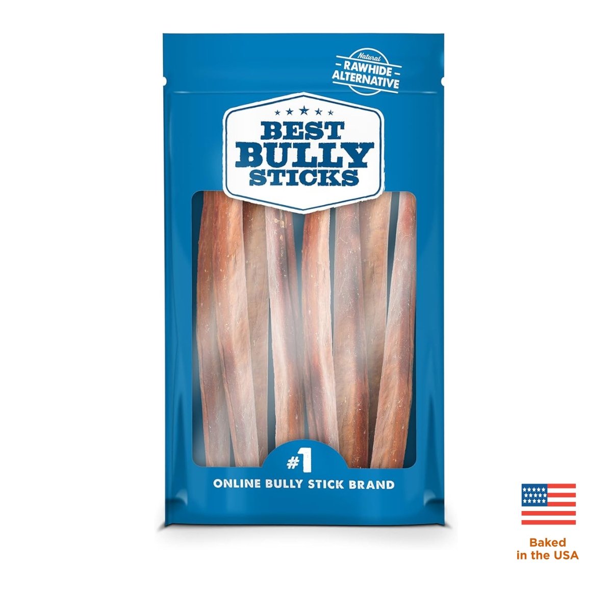 A blue Best Bully Sticks bag displays several brown 12-Inch Jumbo USA-Baked Odor-Free Bully Sticks, with a small American flag graphic and “Baked in the USA” in the bottom right corner.