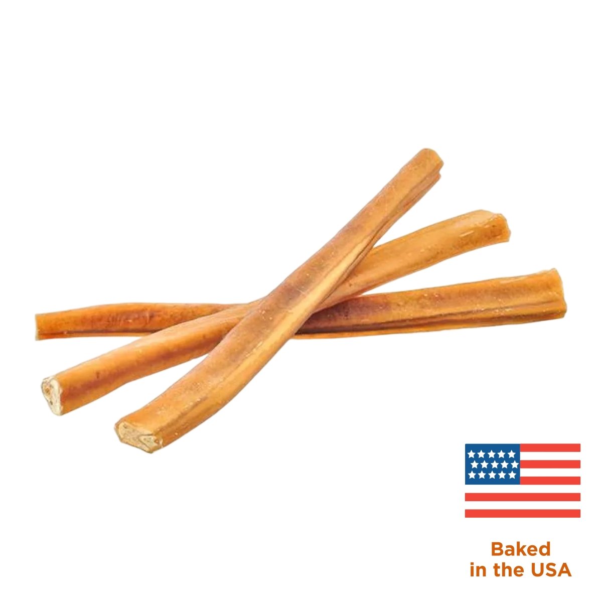 Three Best Bully Sticks 12-Inch Jumbo USA-Baked Odor-Free Bully Sticks are stacked on a white background, ideal for enthusiastic chewers. A small USA flag and &quot;Baked in the USA&quot; text appear in the lower right corner.