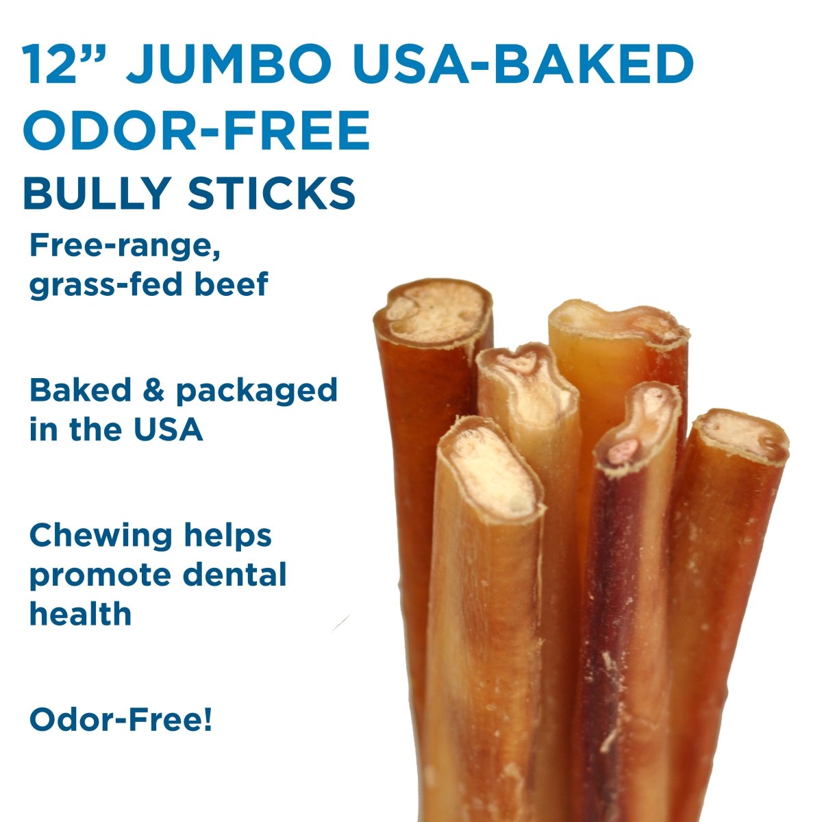 A group of six Best Bully Sticks 12-Inch Jumbo USA-Baked Odor-Free Bully Sticks stands upright, made from free-range, grass-fed beef—perfect for enthusiastic chewers.