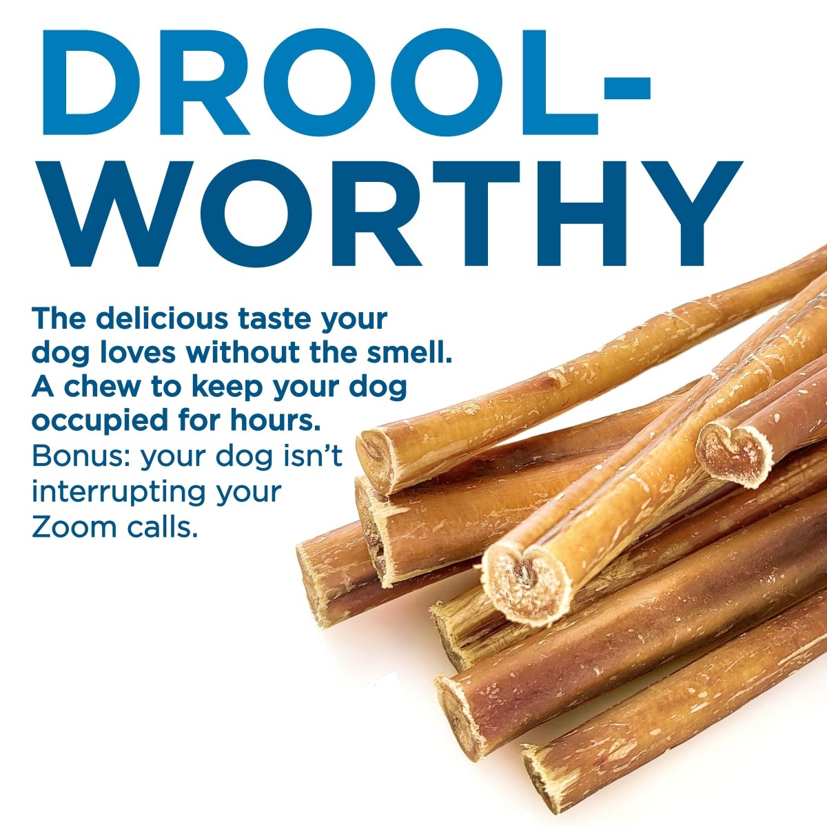 A stack of Best Bully Sticks 12-Inch Odor-Free Bully Stick Mix on a white background, promoted as long-lasting, easily digestible chews and a natural rawhide alternative for dogs.