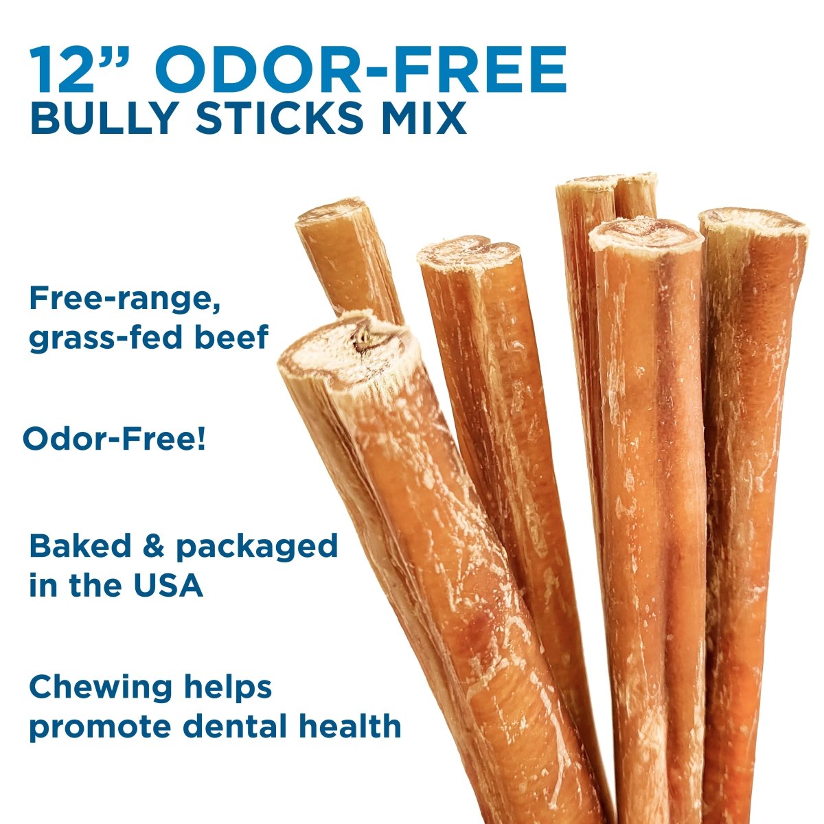 Best Bully Sticks 12-Inch Odor-Free Bully Stick Mix includes six easily digestible, natural chews made in the USA from free-range, grass-fed beef—a rawhide alternative that supports your dog’s dental health.