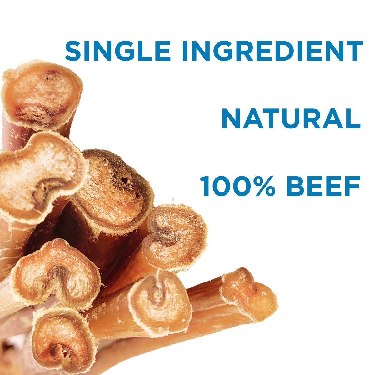 Close-up of several 12-Inch Odor-Free Bully Stick Mix by Best Bully Sticks with text &quot;Single Ingredient Natural 100% Beef&quot; in bold blue on white, highlighting these easily digestible, natural alternatives to rawhide.