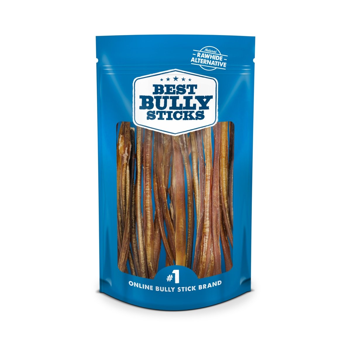 A resealable blue bag labeled &quot;Best Bully Sticks&quot; displays their 12-Inch Odor-Free Bully Stick Mix for dogs, featuring several highly digestible sticks, standing upright against a white background.