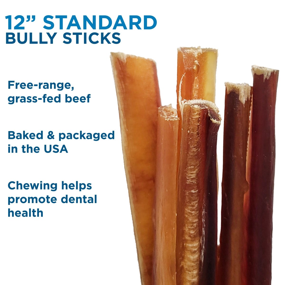 Five upright Best Bully Sticks 12-Inch Standard Bully Sticks, made in the USA from free-range, grass-fed beef, offer a natural chew that supports dental health for your dog.