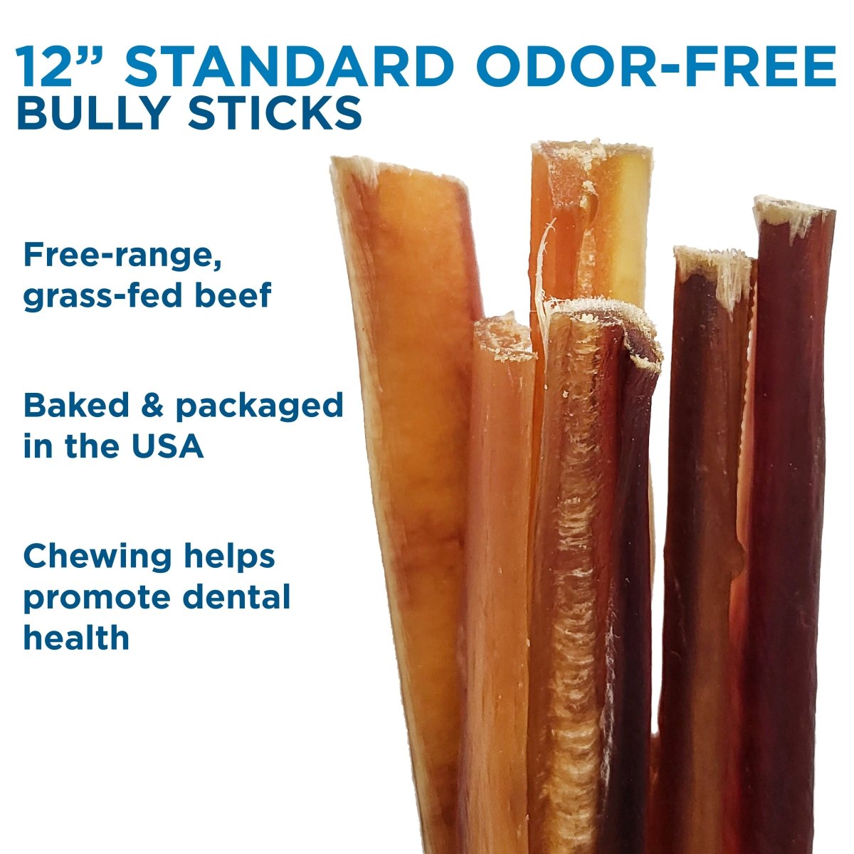 Five 12-Inch Standard Odor-Free Bully Sticks from Best Bully Sticks are shown upright. Made from free-range, grass-fed beef and baked in the USA, they promote dental health for dogs.