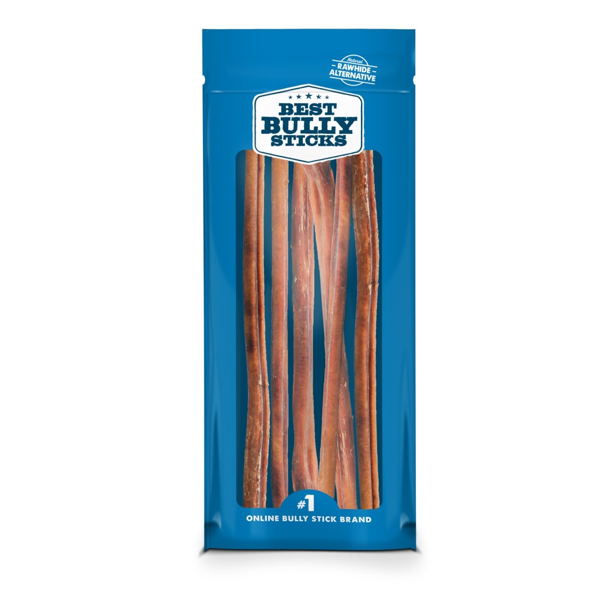 A blue &quot;Best Bully Sticks&quot; package holds several upright 12-Inch Standard Bully Sticks, natural dog chews made from free-range cattle, visible through the clear packaging.