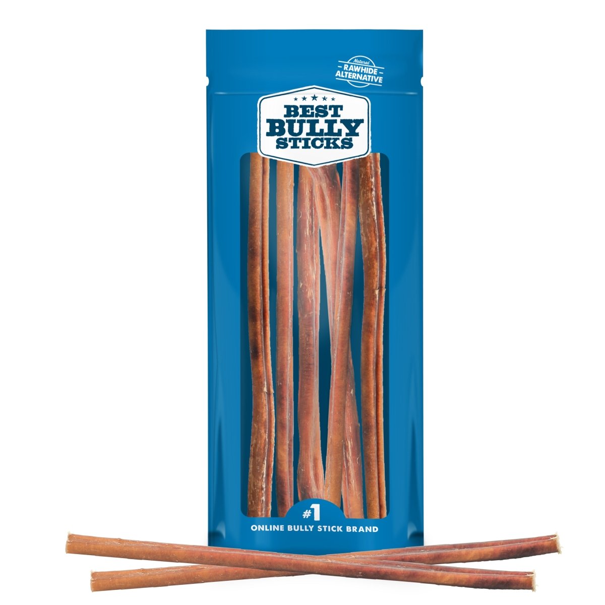 A blue &quot;Best Bully Sticks&quot; package labeled &quot;12-Inch Standard Bully Stick&quot; contains several natural beef dog treats, with three bully sticks displayed in front.