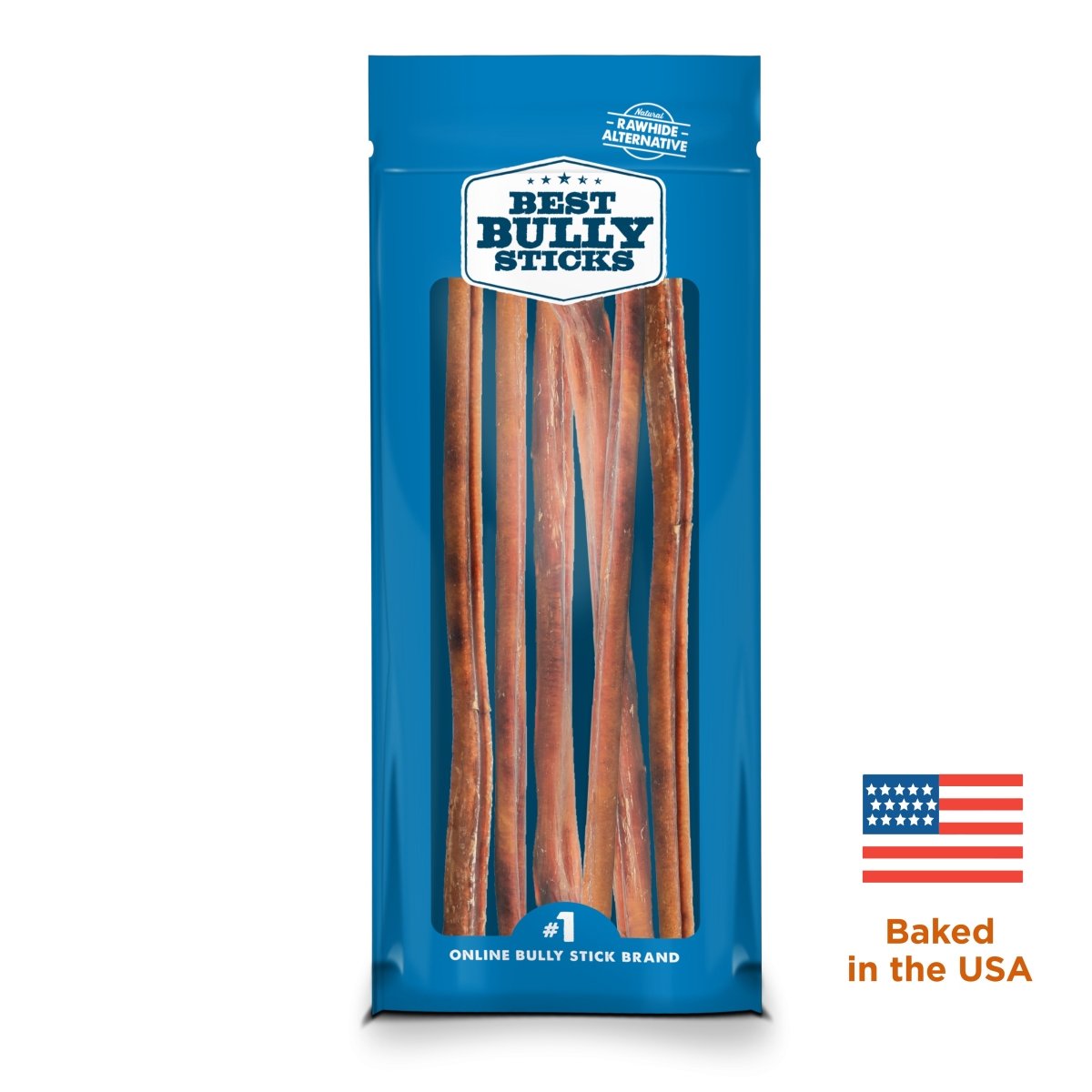 A blue &quot;Best Bully Sticks&quot; package holds several 12-Inch Standard USA-Baked Odor-Free Bully Sticks, featuring a small American flag and &quot;Baked in the USA,&quot; supporting your pet’s dental health.