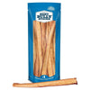 A blue resealable Best Bully Sticks package stands upright, filled with several 12-Inch Thick Bully Sticks; one all-natural beef dog chew stick lies in front of the bag.