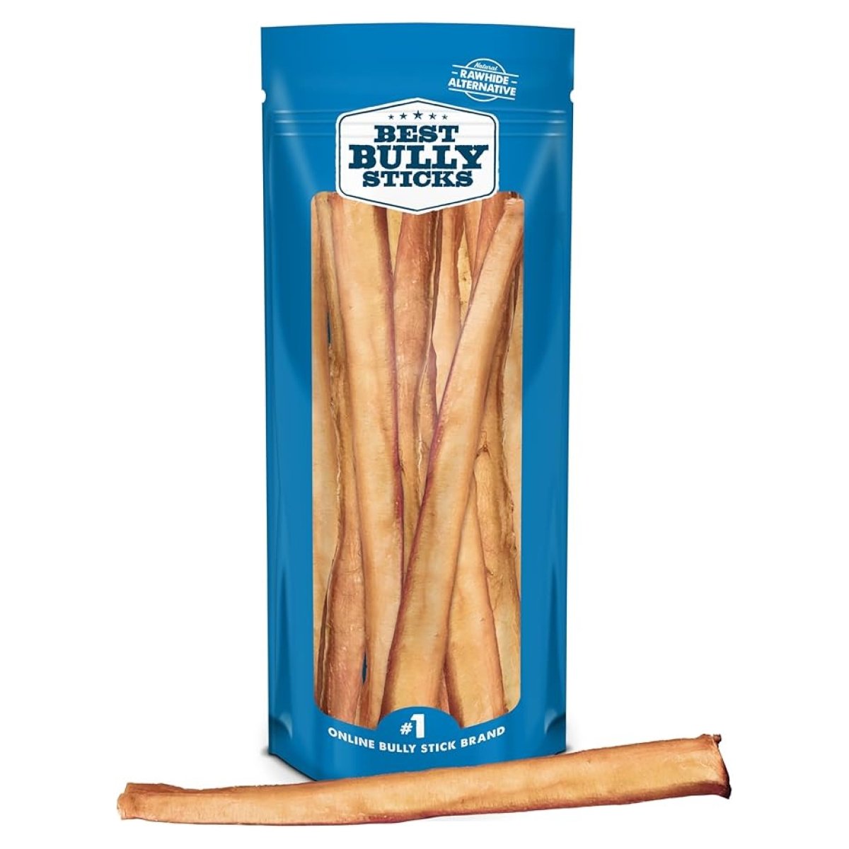 A blue resealable Best Bully Sticks package stands upright, filled with several 12-Inch Thick Bully Sticks; one all-natural beef dog chew stick lies in front of the bag.