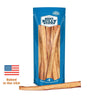 A blue resealable Best Bully Sticks bag stands behind a single 12-Inch Thick USA-Baked Odor-Free Bully Stick, with a USA flag icon and &quot;Baked in the USA&quot; text on the left, highlighting these premium dog treats.