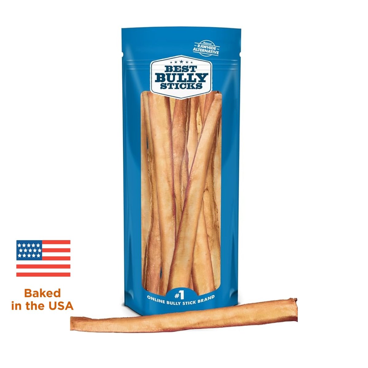 A blue resealable Best Bully Sticks bag stands behind a single 12-Inch Thick USA-Baked Odor-Free Bully Stick, with a USA flag icon and &quot;Baked in the USA&quot; text on the left, highlighting these premium dog treats.