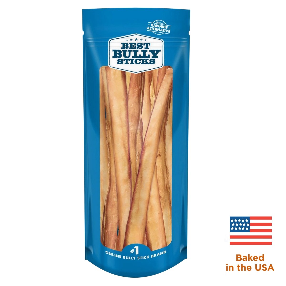 Best Bully Sticks’ 12-Inch Thick USA-Baked Odor-Free Bully Stick comes in a resealable blue bag with a USA flag icon stating &quot;Baked in the USA.&quot; These healthy dog chews are long and odor-free, perfect as treats.