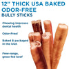 Several thick, cylindrical 12-Inch Thick USA-Baked Odor-Free Bully Sticks by Best Bully Sticks stand upright beside text noting they’re pure-beef dog treats made in the USA from free-range, grass-fed beef your pup will love.