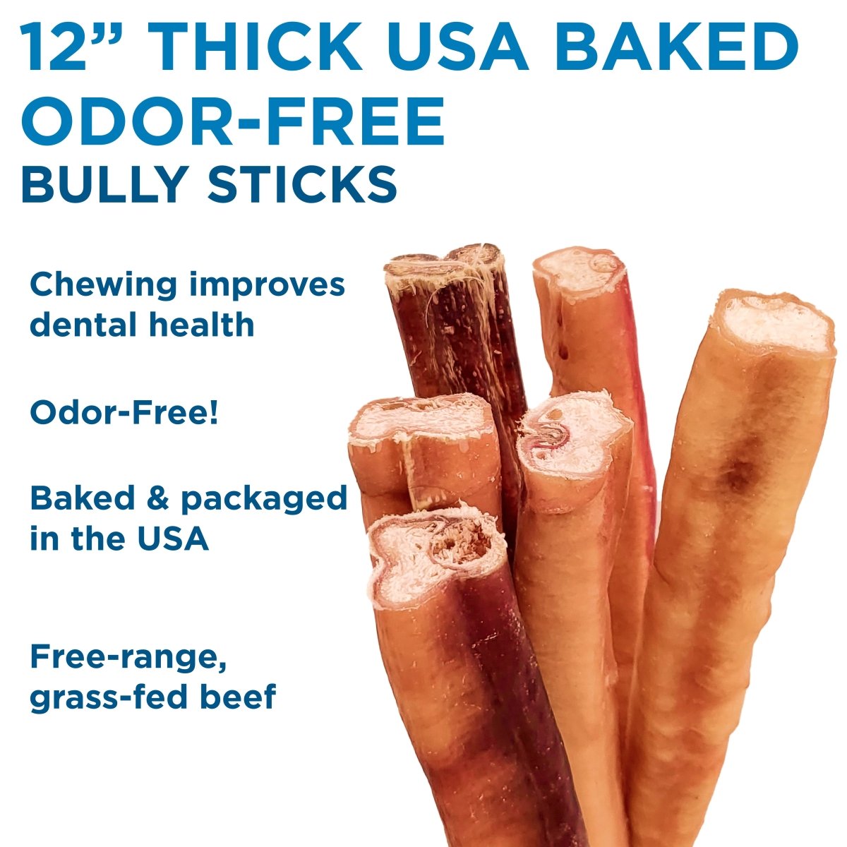 Several thick, cylindrical 12-Inch Thick USA-Baked Odor-Free Bully Sticks by Best Bully Sticks stand upright beside text noting they’re pure-beef dog treats made in the USA from free-range, grass-fed beef your pup will love.