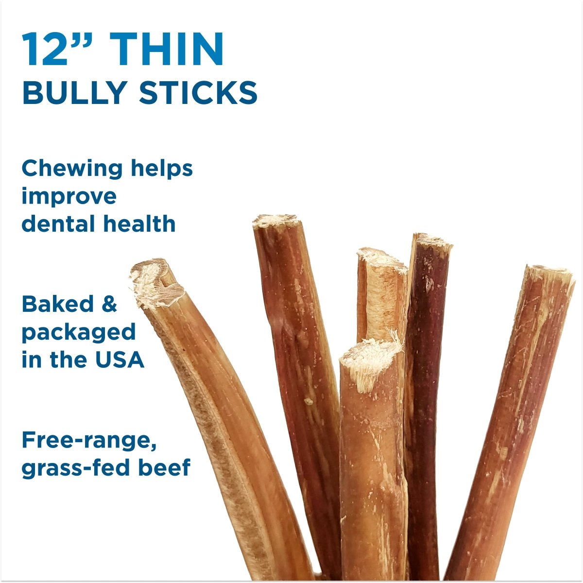 Best Bully Sticks 12-Inch Thin Bully Sticks (16 Count) are made from free-range, grass-fed beef, support dental health, come in USA packaging, and are easily digestible—making them a wholesome treat for your pup.