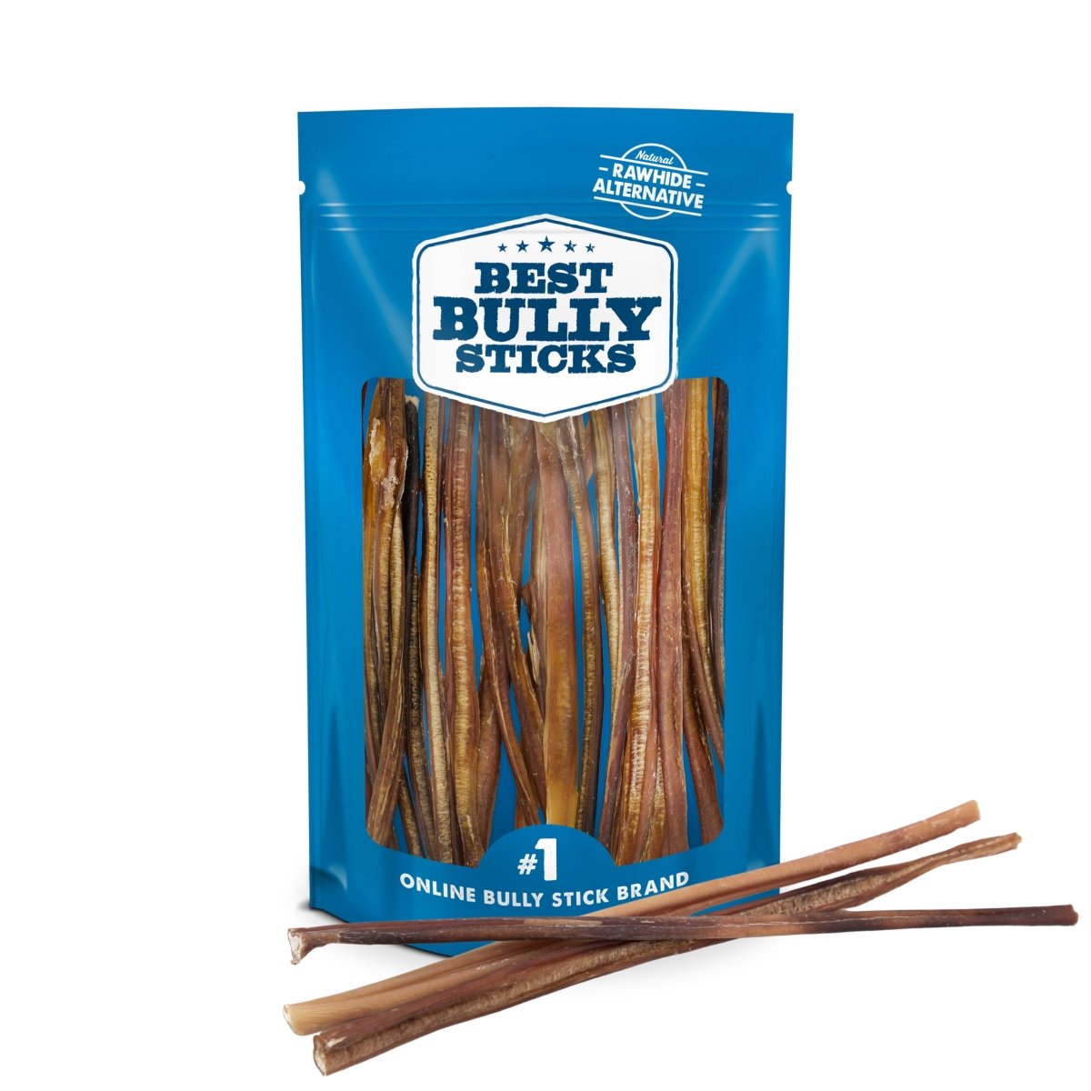A blue resealable Best Bully Sticks bag contains 12-Inch Thin Bully Sticks (16 Count); three sticks are displayed in front, showcasing these highly digestible chews made from free-range cattle.