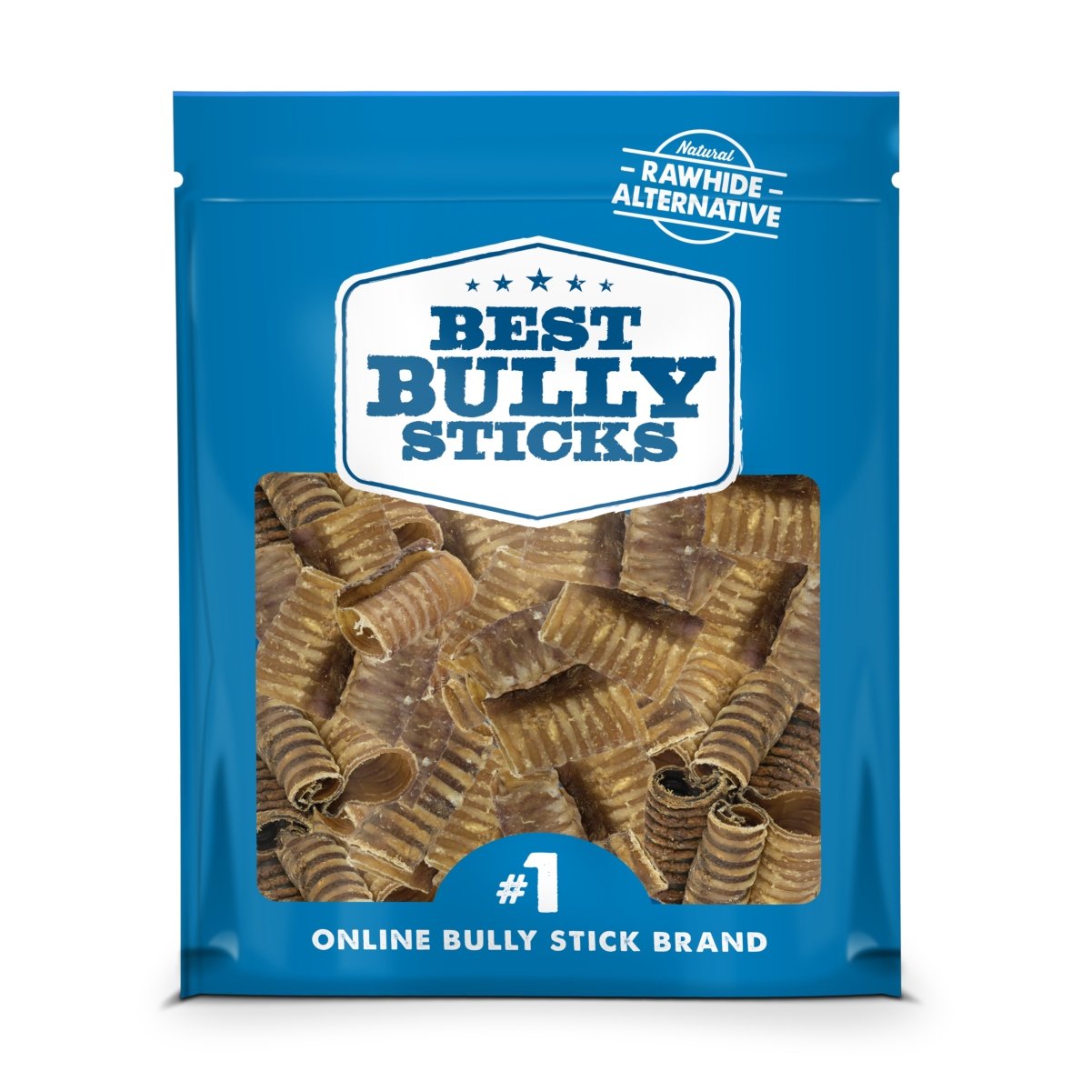 The blue package labeled &quot;Best Bully Sticks&quot; contains 3-Inch Beef Trachea Dog Chews, serving as a rawhide alternative enriched with chondroitin and glucosamine for joint support and dental health.