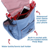 A Walkie Shoulder Bag - Light Blue with a cell phone and a pooper scooper.