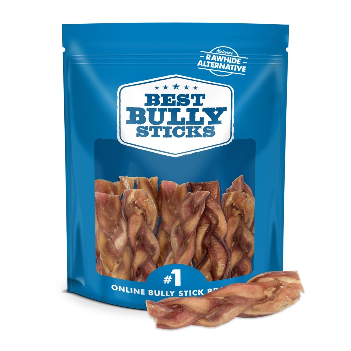 A blue resealable Best Bully Sticks bag contains several 4-5&quot; Inch Braided Bully Sticks, with one natural dog chew displayed in front.