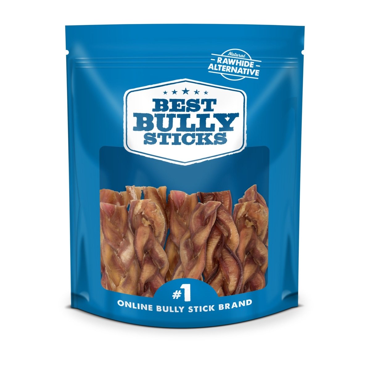 A resealable blue bag labeled &quot;Best Bully Sticks&quot; contains 4-5&quot; Inch Braided Bully Sticks, a natural dog chew that promotes dental health and is marketed as a rawhide alternative and top online bully stick brand.