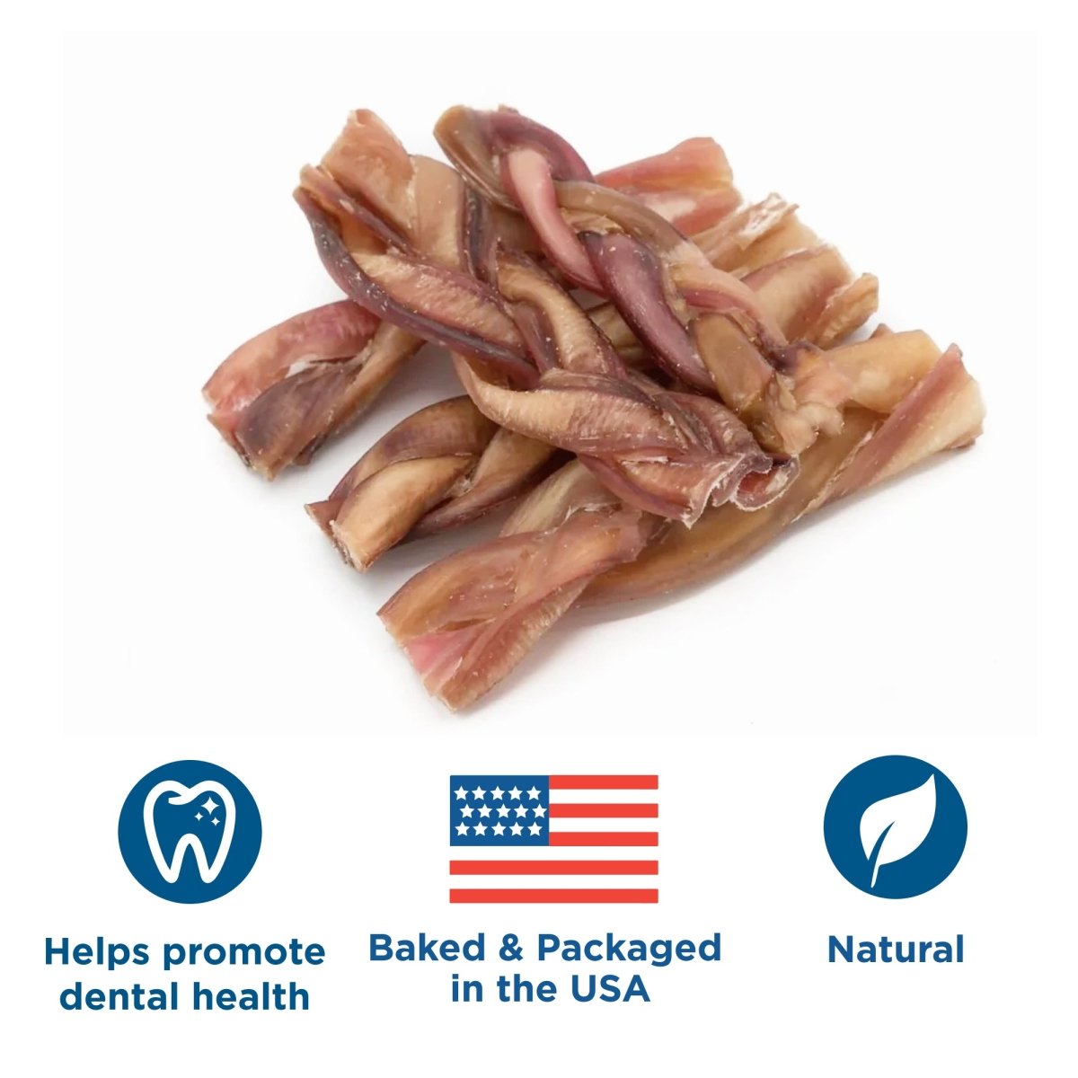 A stack of Best Bully Sticks 4-5&quot; Inch Braided Bully Sticks is displayed above three icons representing dental health support, made in the USA packaging, and all-natural dog chew ingredients.