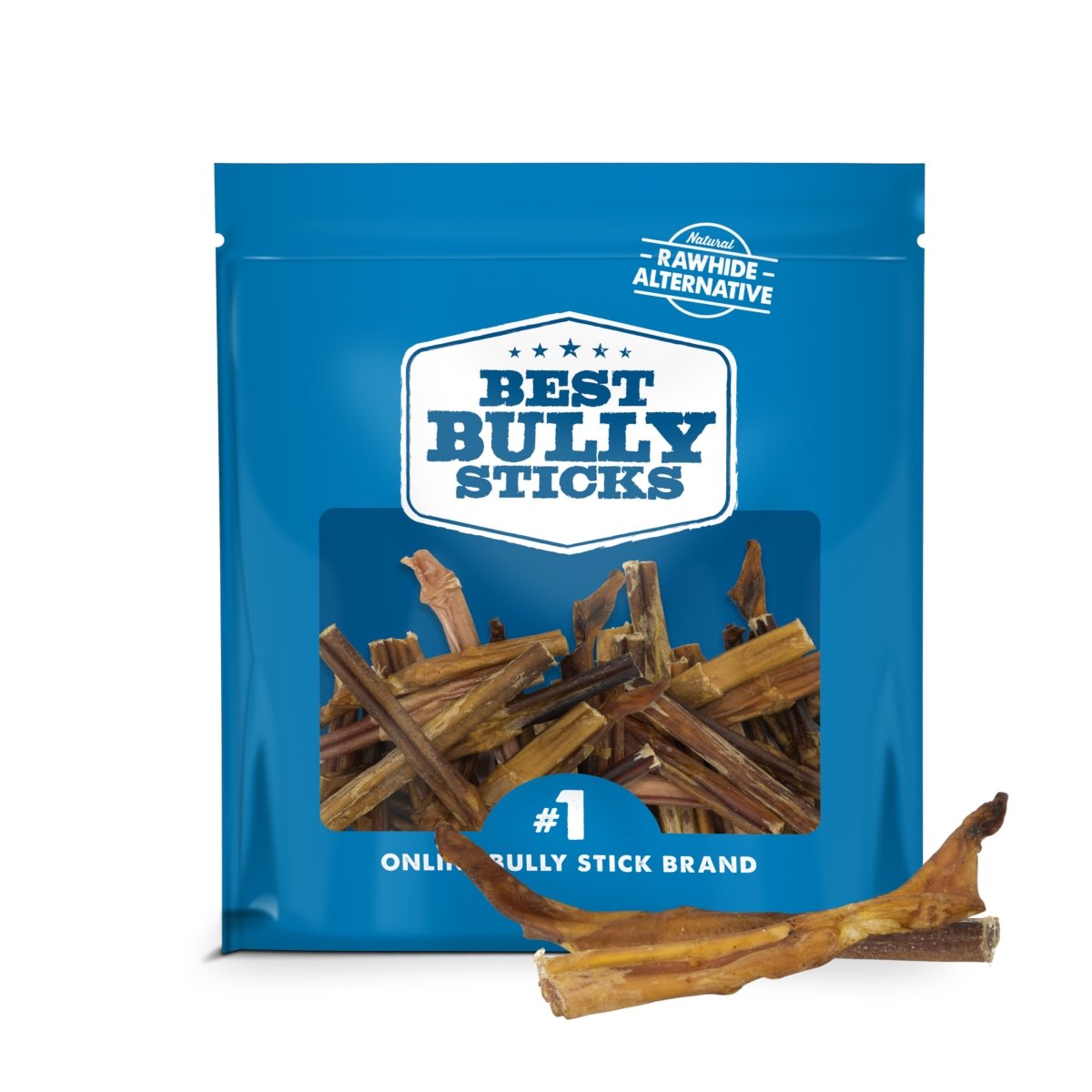A blue resealable bag labeled &quot;Best Bully Sticks&quot; holds 4-8 Inch Odor-Free Bully Sticks for small breeds, with one chew stick displayed in front.