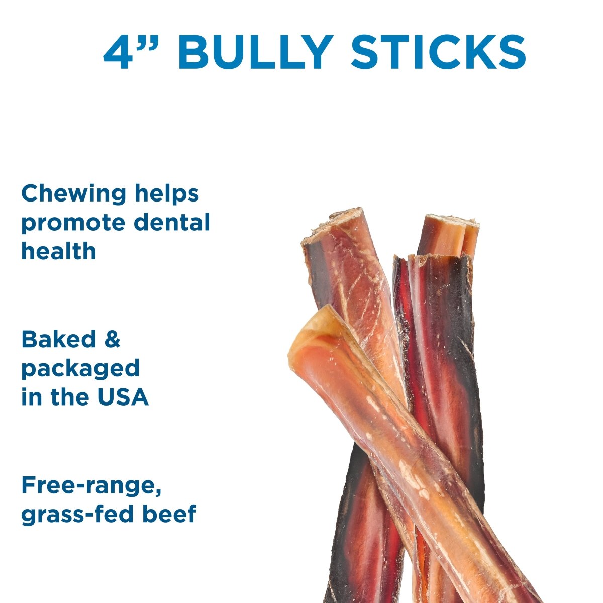 Best Bully Sticks 4-Inch Bully Stick is a single-ingredient dog treat made from free-range, grass-fed beef—a natural rawhide alternative that helps support dental health, packed in USA-made packaging.