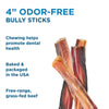 Three Best Bully Sticks 4-Inch Odor-Free Bully Sticks stand upright; text notes they&#39;re single-ingredient chews from free-range, grass-fed beef, baked and packaged in the USA to help support healthy teeth and gums.