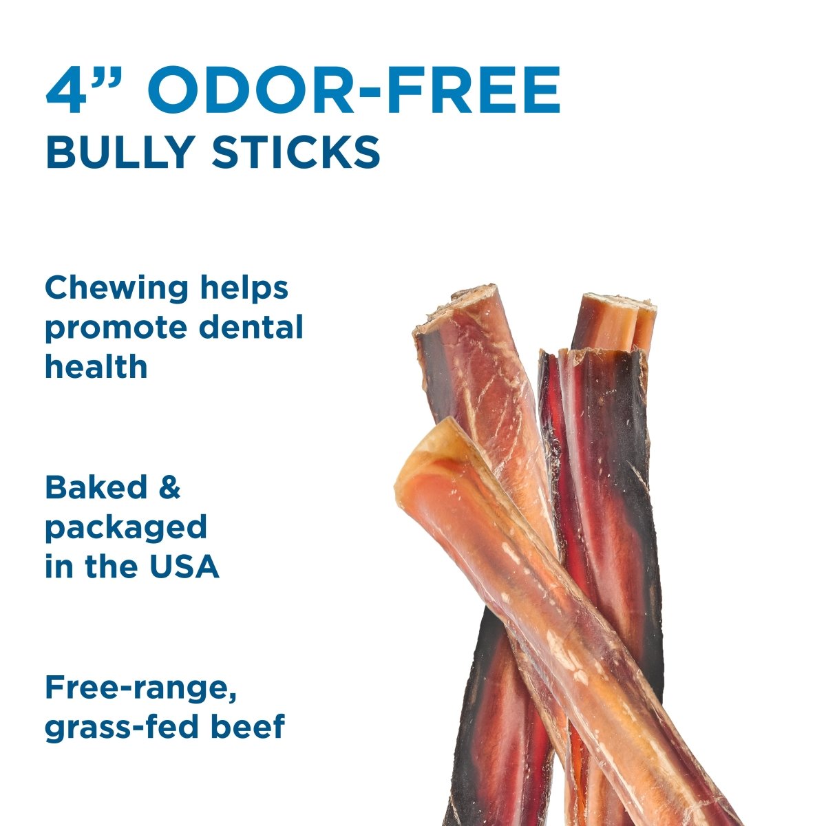 Three Best Bully Sticks 4-Inch Odor-Free Bully Sticks stand upright; text notes they&#39;re single-ingredient chews from free-range, grass-fed beef, baked and packaged in the USA to help support healthy teeth and gums.